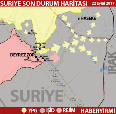 Suriye Deyrizor son durum harita: Oklar: YPG ve rejimin ilerleme hatları